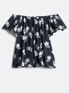 JELLA C Verona Off The Shoulder Floral Embroidered Top Shirt -Medium - Navy Blue